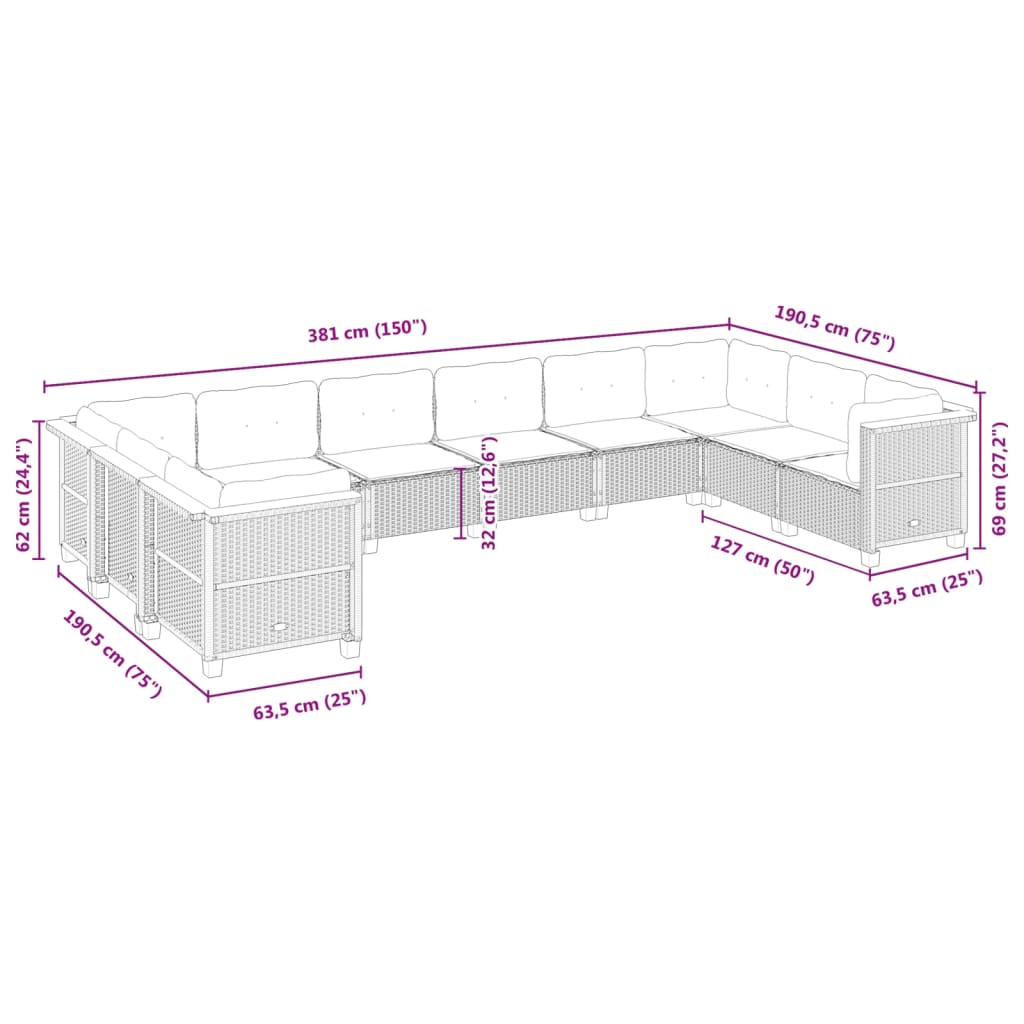 10-tlg. Garten-Sofagarnitur mit Kissen Schwarz Poly Rattan