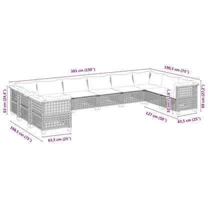 10-tlg. Garten-Sofagarnitur mit Kissen Grau Poly Rattan