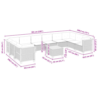 11-tlg. Garten-Sofagarnitur mit Kissen Schwarz Poly Rattan