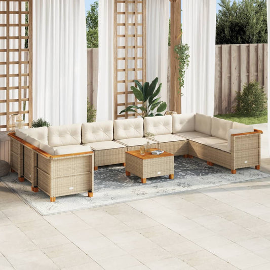 11-tlg. Garten-Sofagarnitur mit Kissen Beige Poly Rattan