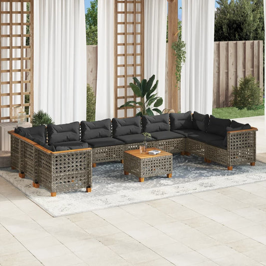 11-tlg. Garten-Sofagarnitur mit Kissen Grau Poly Rattan