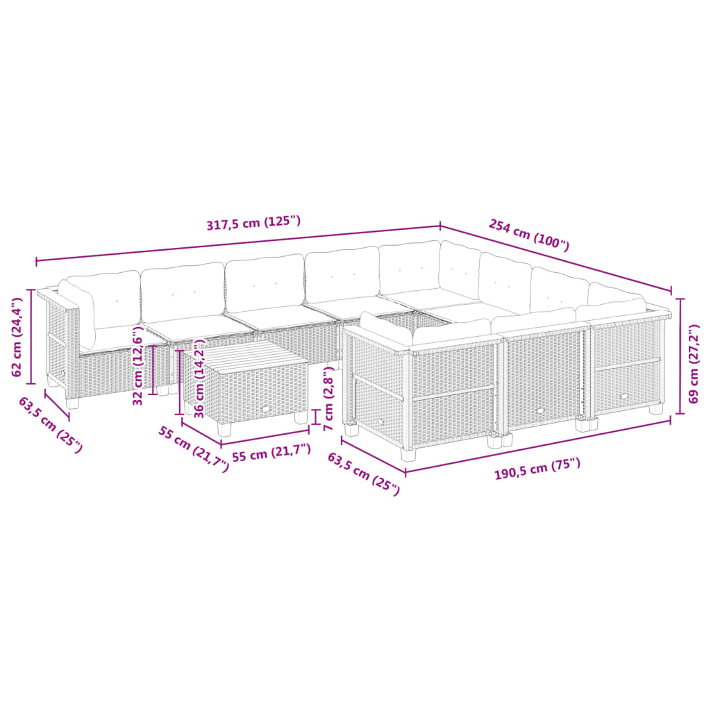 11-tlg. Garten-Sofagarnitur mit Kissen Schwarz Poly Rattan