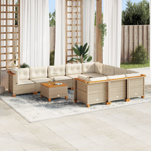 11-tlg. Garten-Sofagarnitur mit Kissen Beige Poly Rattan