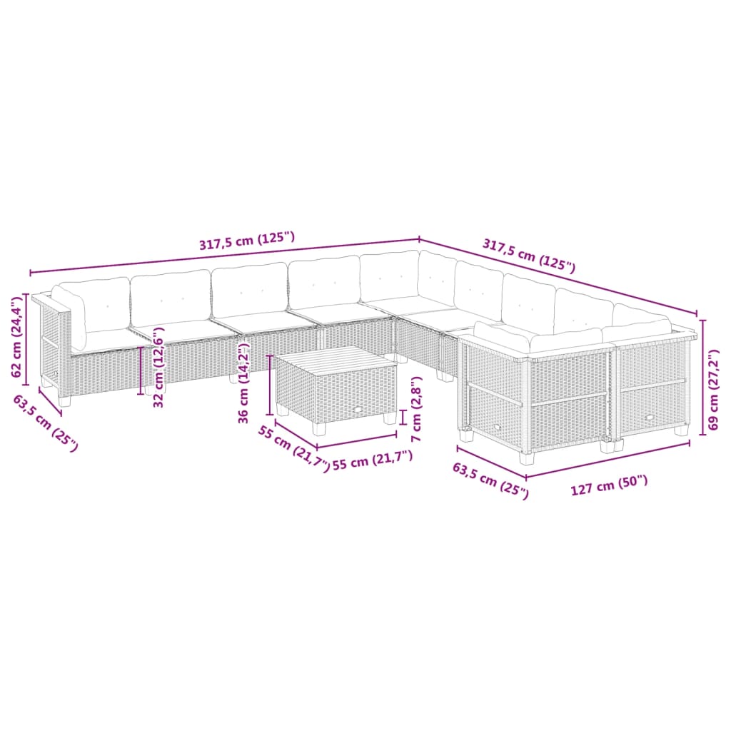 11-tlg. Garten-Sofagarnitur mit Kissen Schwarz Poly Rattan