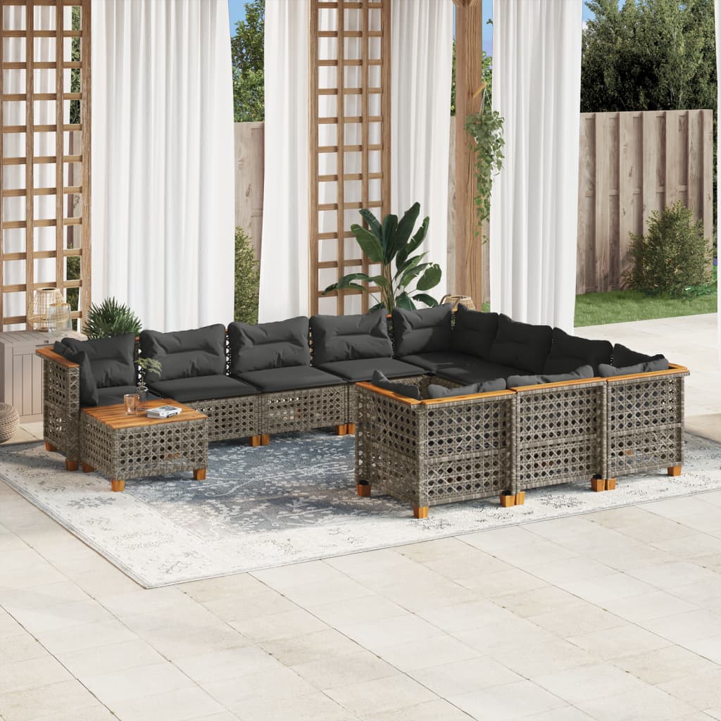 11-tlg. Garten-Sofagarnitur mit Kissen Grau Poly Rattan