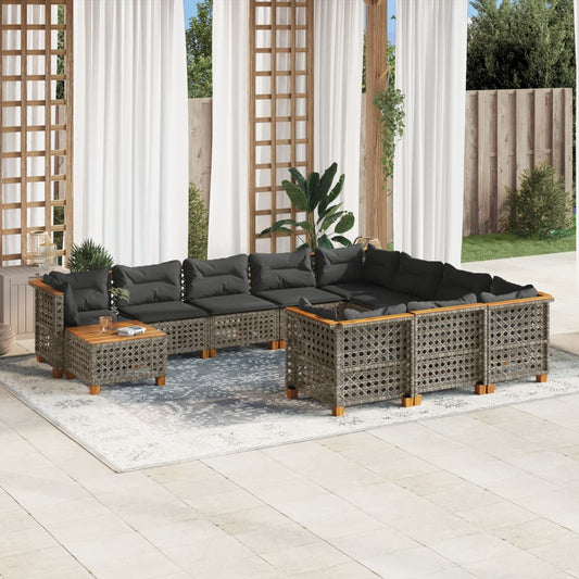 11-tlg. Garten-Sofagarnitur mit Kissen Grau Poly Rattan