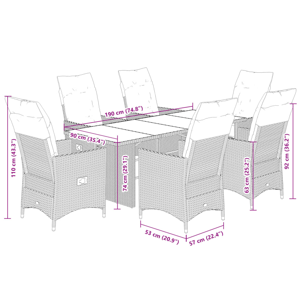 7-tlg. Garten-Essgruppe mit Kissen Schwarz Poly Rattan