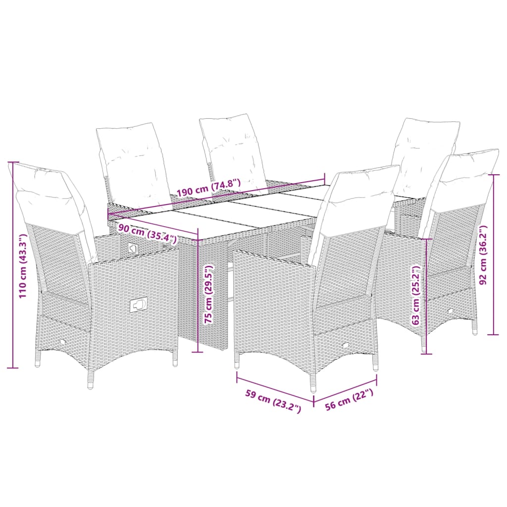 7-tlg. Garten-Essgruppe mit Kissen Braun Poly Rattan