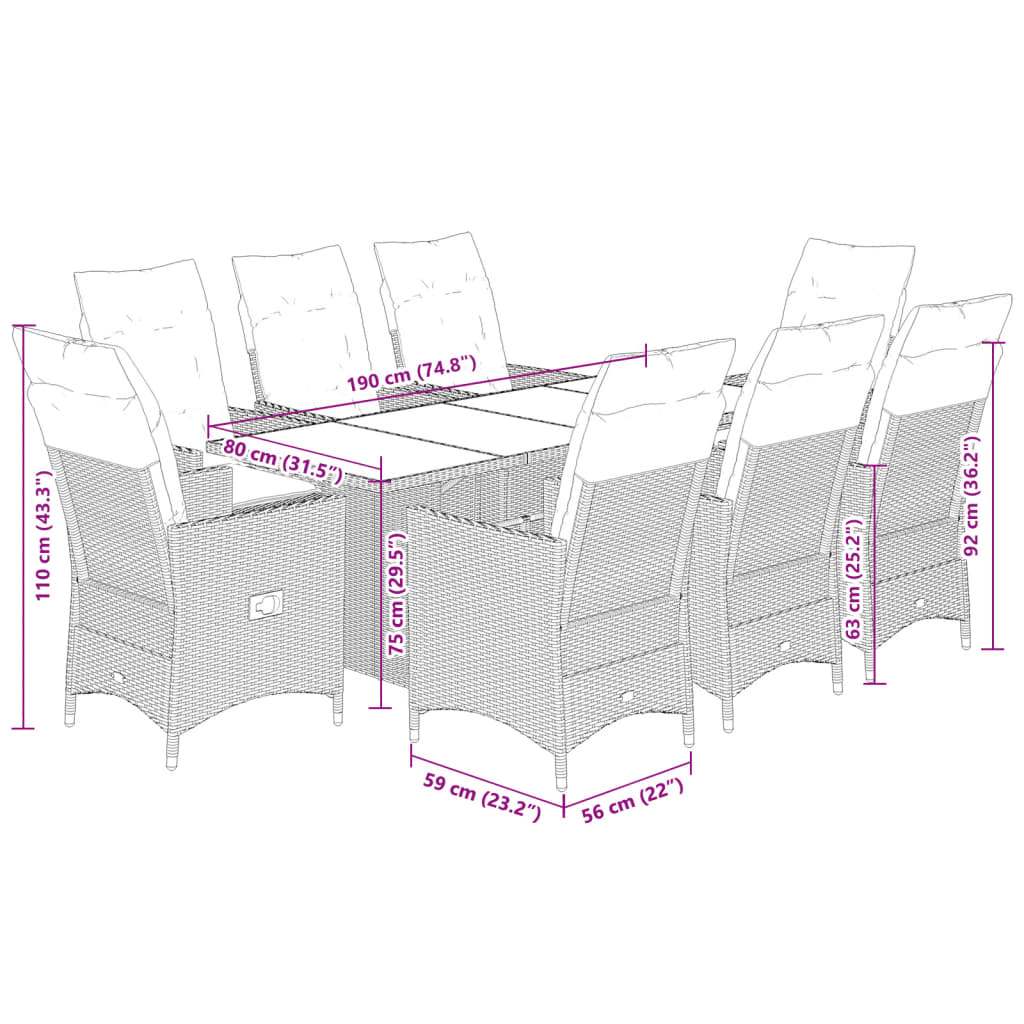 9-tlg. Garten-Essgruppe mit Kissen Braun Poly Rattan