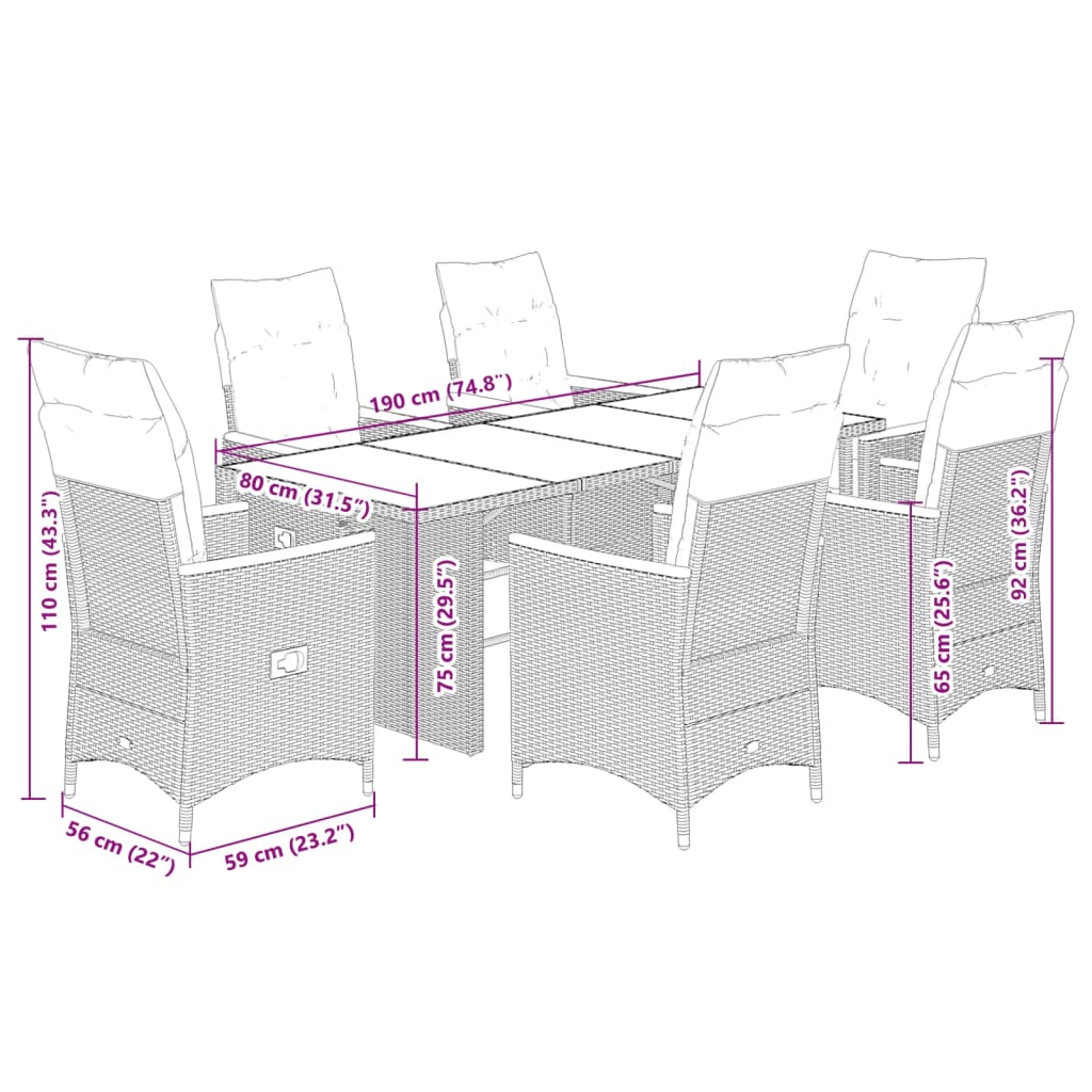 7-tlg. Garten-Essgruppe mit Kissen Schwarz Poly Rattan