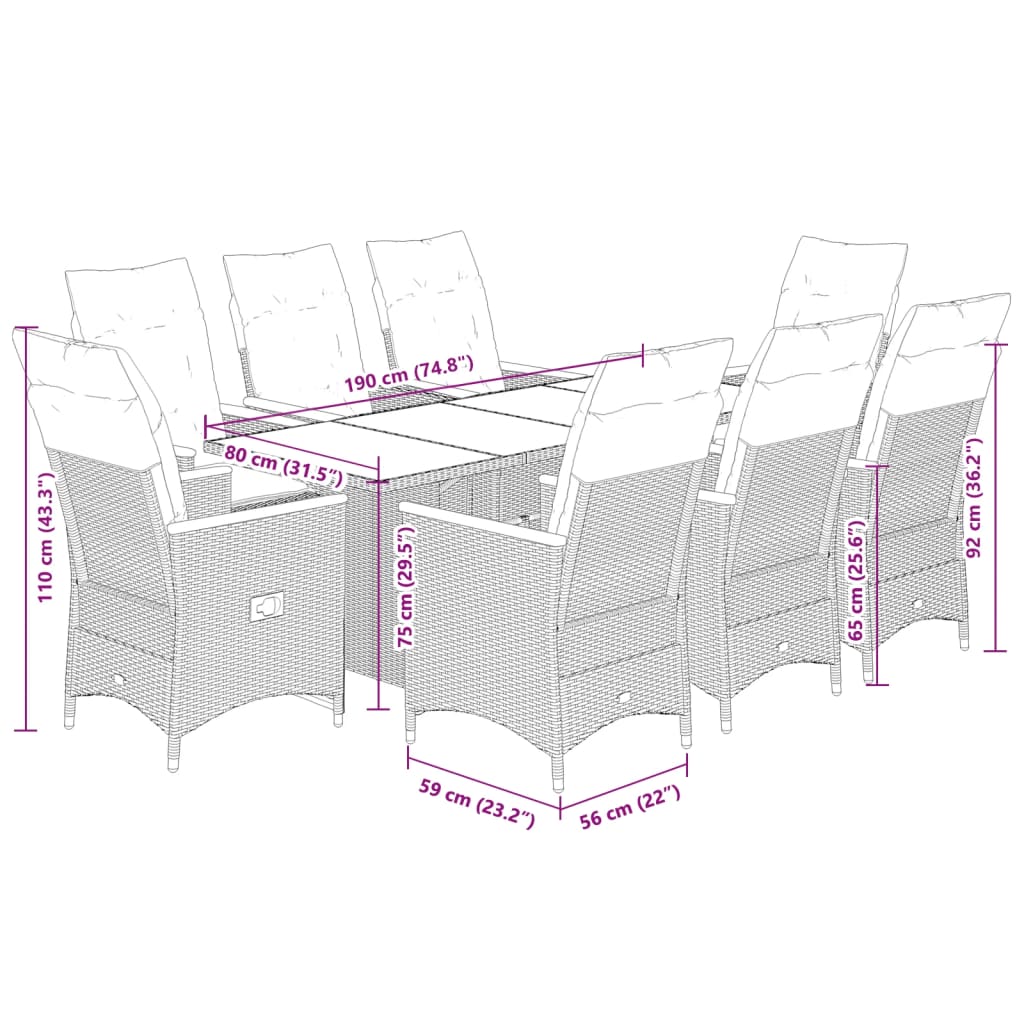 7-tlg. Garten-Essgruppe mit Kissen Schwarz Poly Rattan