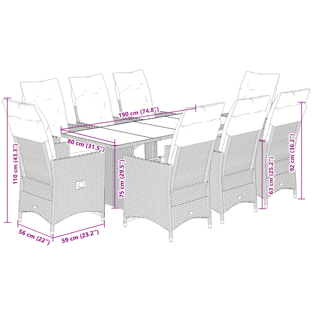 9-tlg. Garten-Essgruppe mit Kissen Schwarz Poly Rattan