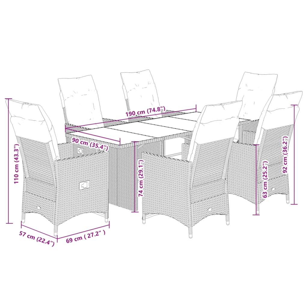 7-tlg. Garten-Essgruppe mit Kissen Schwarz Poly Rattan