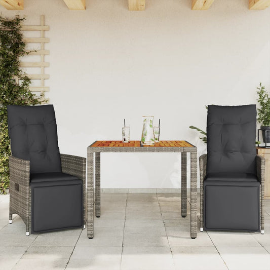 3-tlg. Garten-Bistro-Set mit Kissen Grau Poly Rattan