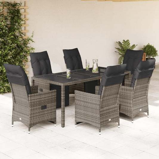 7-tlg. Garten-Bistro-Set mit Kissen Grau Poly Rattan