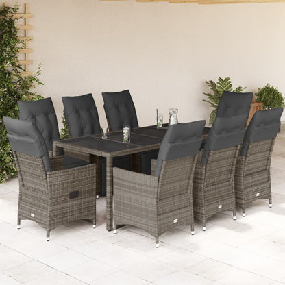 9-tlg. Garten-Bistro-Set mit Kissen Grau Poly Rattan