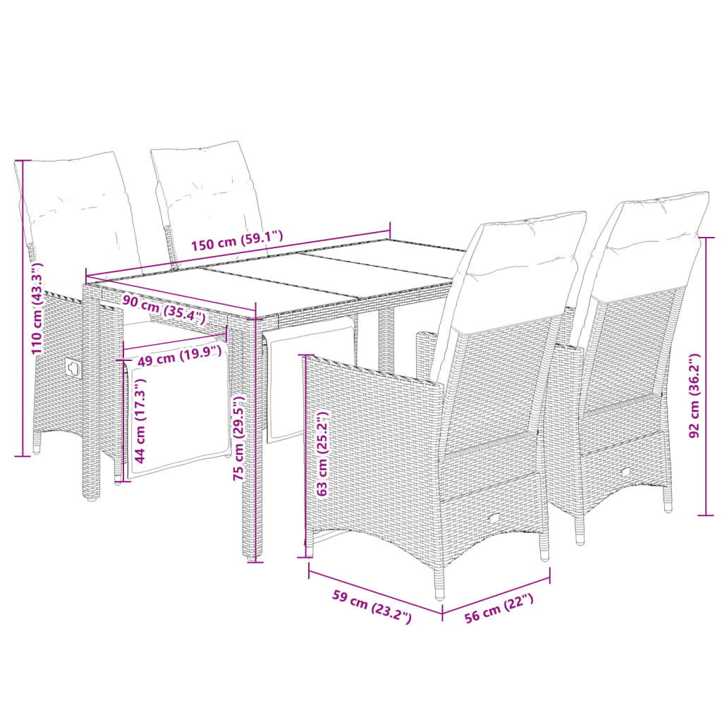 5-tlg. Garten-Bistro-Set mit Kissen Braun Poly Rattan