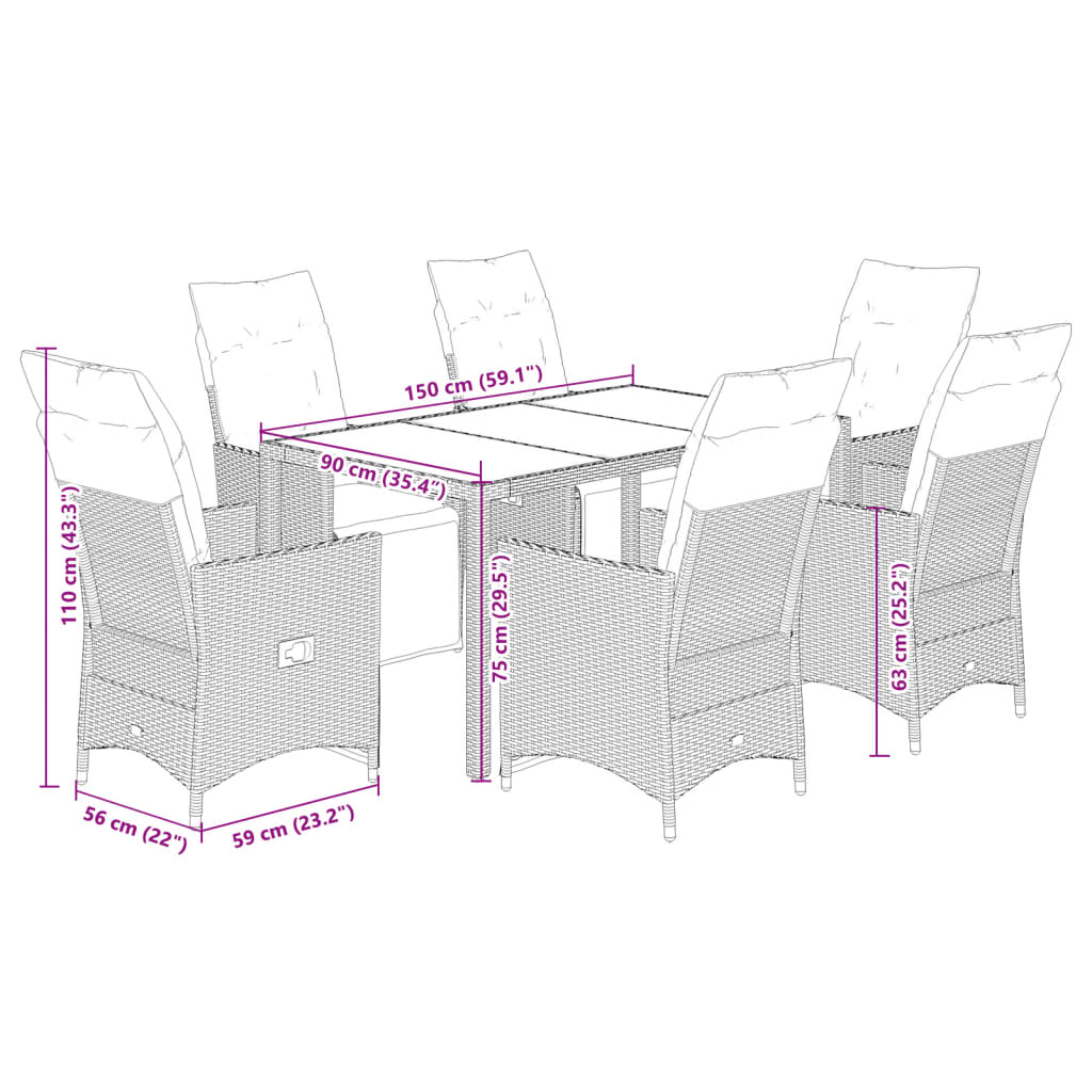 7-tlg. Garten-Bistro-Set mit Kissen Braun Poly Rattan