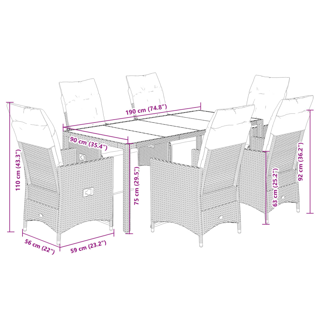 7-tlg. Garten-Bistro-Set mit Kissen Braun Poly Rattan