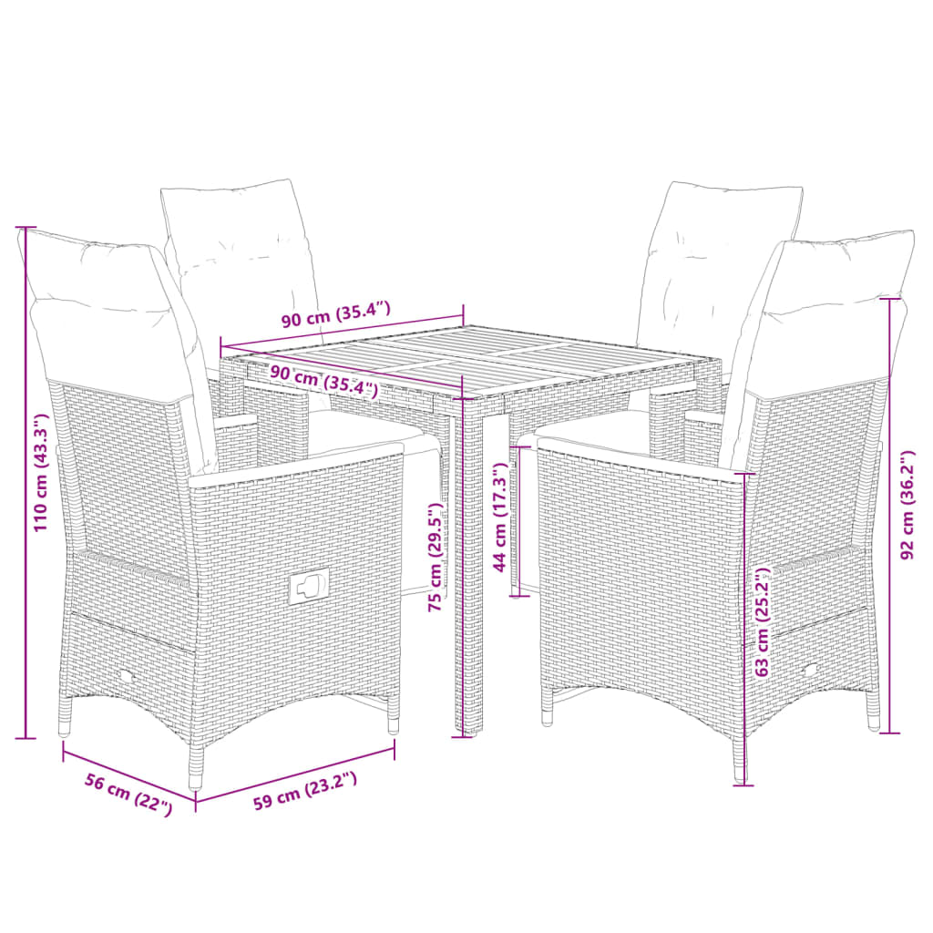 5-tlg. Garten-Bistro-Set mit Kissen Schwarz Poly Rattan