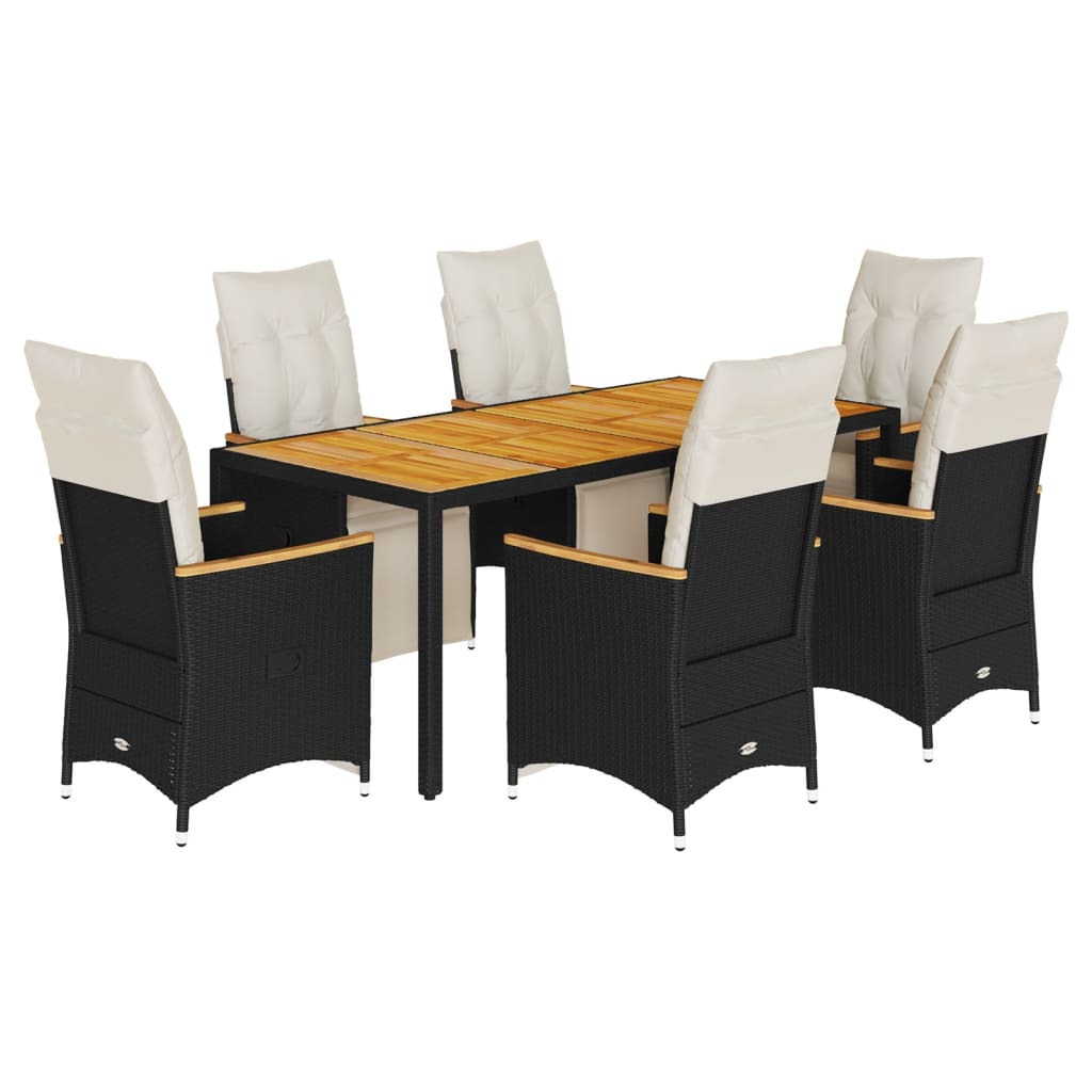 7-tlg. Garten-Bistro-Set mit Kissen Schwarz Poly Rattan