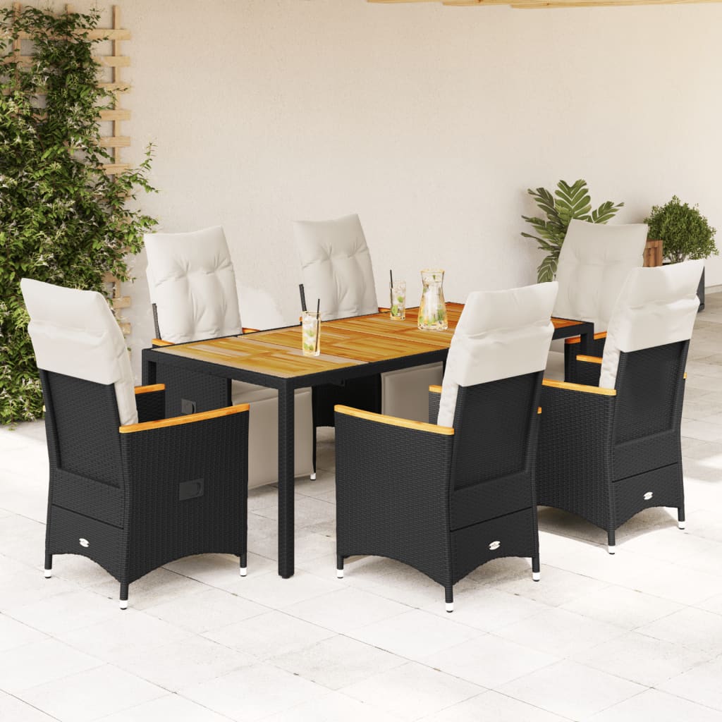 7-tlg. Garten-Bistro-Set mit Kissen Schwarz Poly Rattan