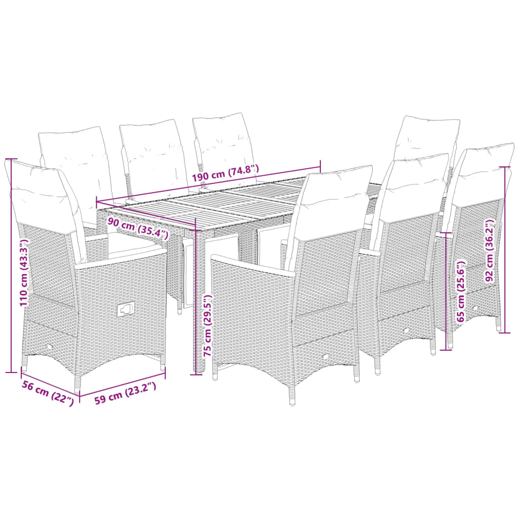 9-tlg. Garten-Bistro-Set mit Kissen Schwarz Poly Rattan