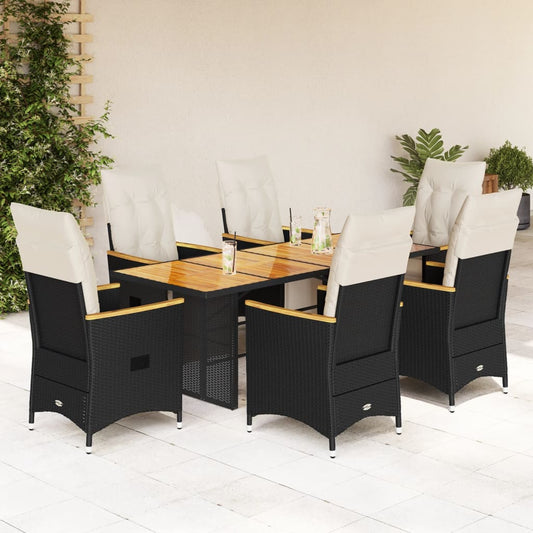 7-tlg. Garten-Bistro-Set mit Kissen Schwarz Poly Rattan