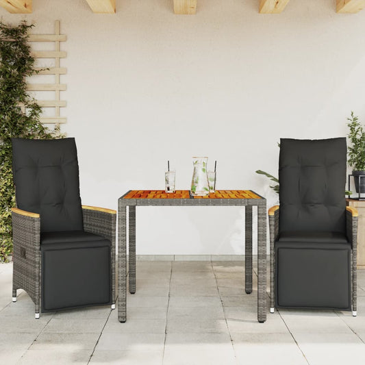 3-tlg. Garten-Bistro-Set mit Kissen Grau Poly Rattan