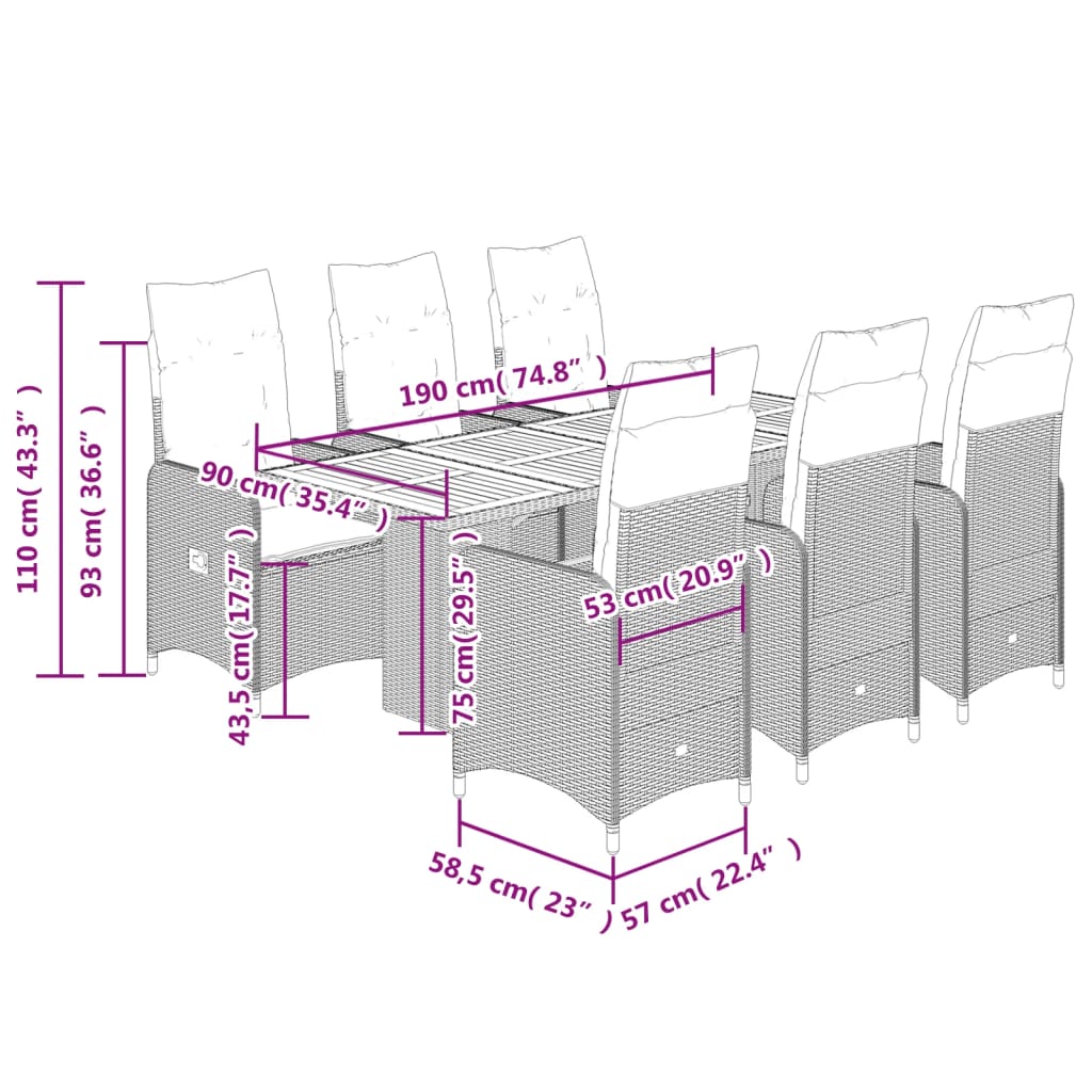 7-tlg. Garten-Bistro-Set mit Kissen Schwarz Poly Rattan