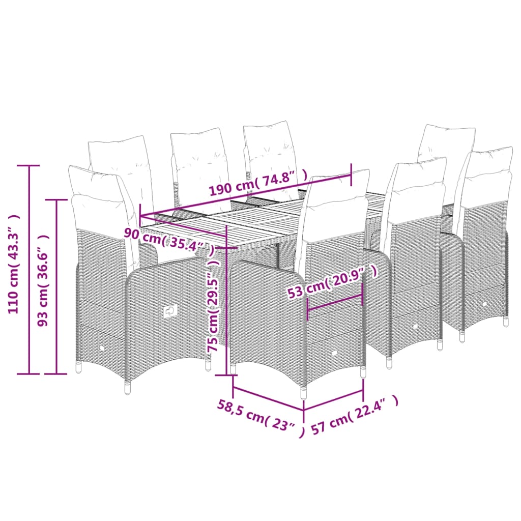 9-tlg. Garten-Bistro-Set mit Kissen Schwarz Poly Rattan