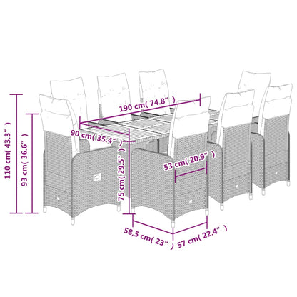 9-tlg. Garten-Bistro-Set mit Kissen Schwarz Poly Rattan