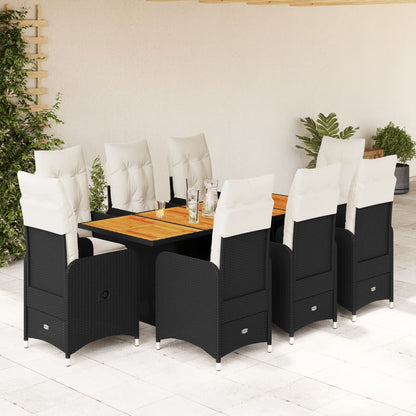 9-tlg. Garten-Bistro-Set mit Kissen Schwarz Poly Rattan