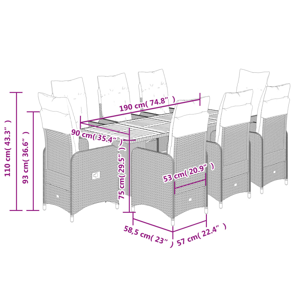 9-tlg. Garten-Bistro-Set mit Kissen Schwarz Poly Rattan