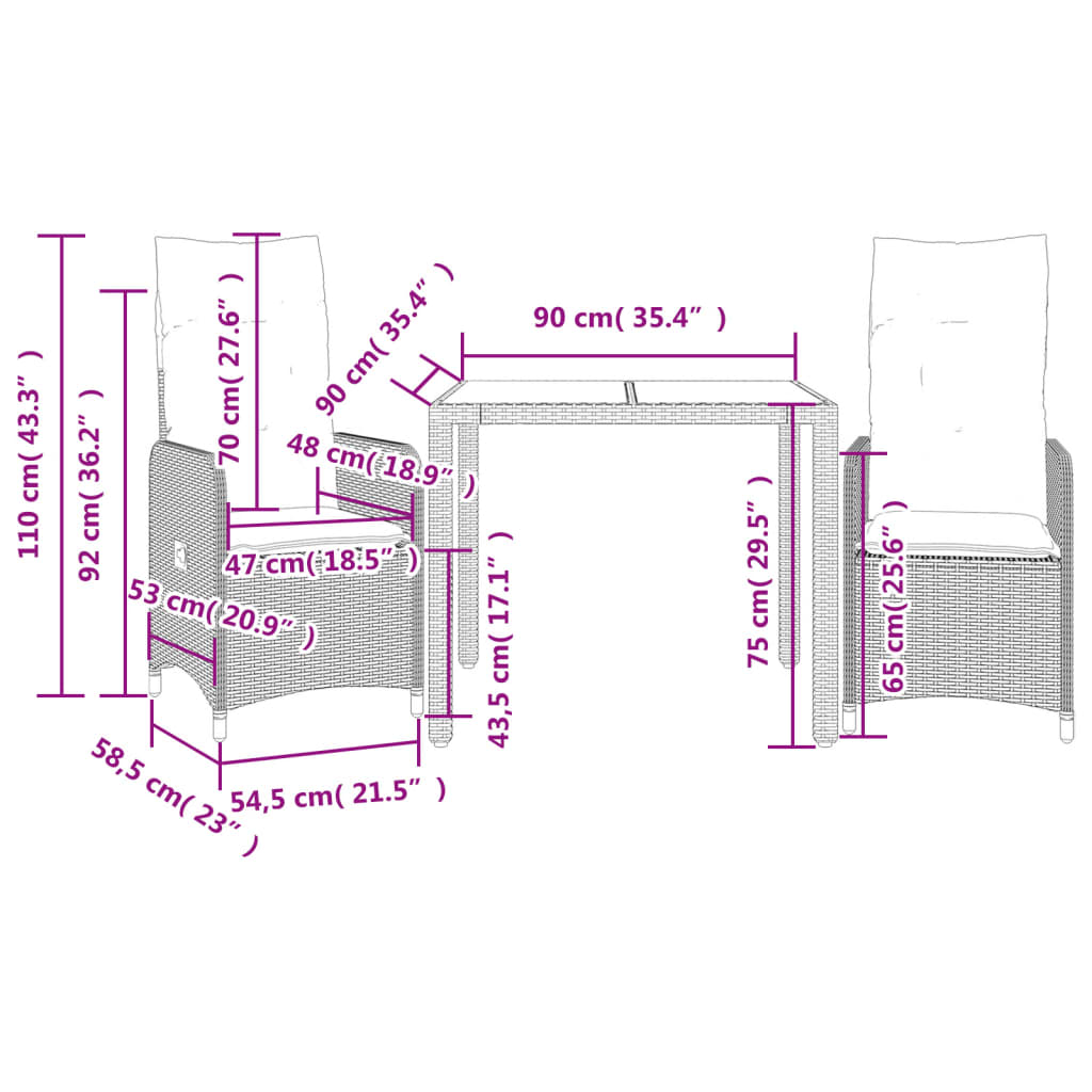 3-tlg. Garten-Bistro-Set mit Kissen Schwarz Poly Rattan