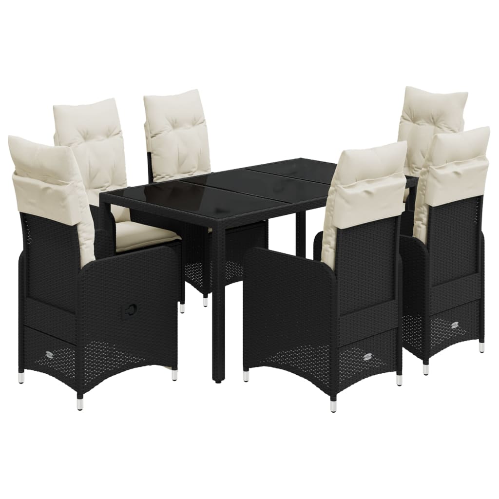 7-tlg. Garten-Bistro-Set mit Kissen Schwarz Poly Rattan