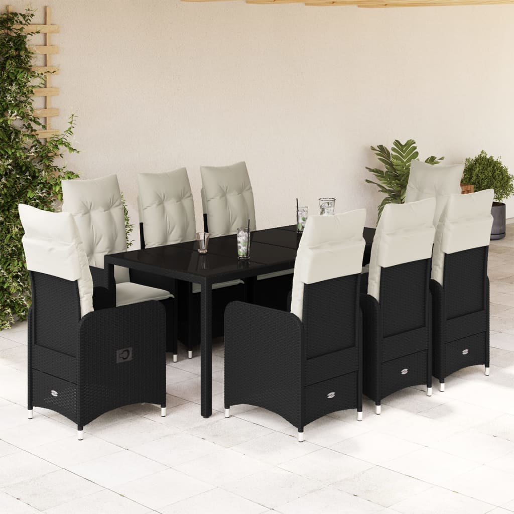 9-tlg. Garten-Bistro-Set mit Kissen Schwarz Poly Rattan