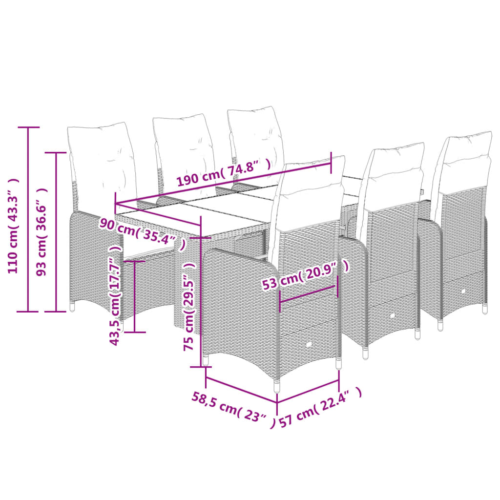 7-tlg. Garten-Bistro-Set mit Kissen Schwarz Poly Rattan