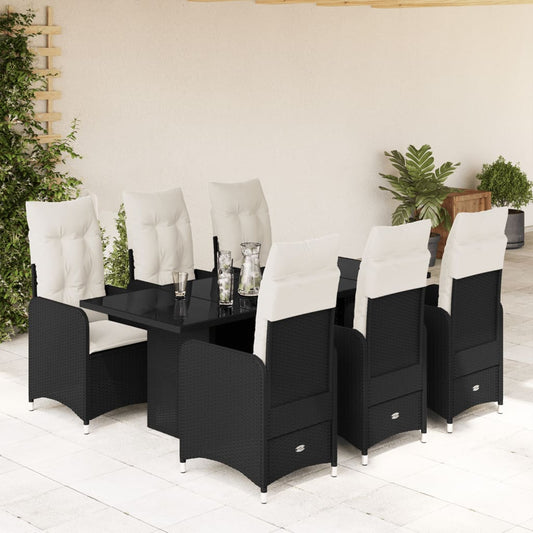 7-tlg. Garten-Bistro-Set mit Kissen Schwarz Poly Rattan