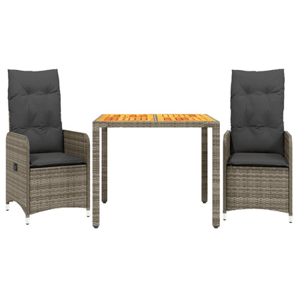 3-tlg. Garten-Bistro-Set mit Kissen Grau Poly Rattan