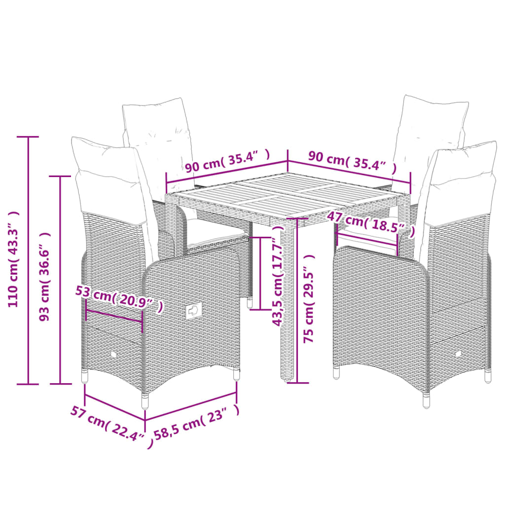 5-tlg. Garten-Bistro-Set mit Kissen Grau Poly Rattan