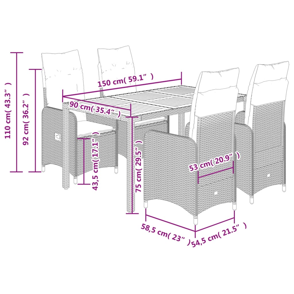 5-tlg. Garten-Bistro-Set mit Kissen Grau Poly Rattan