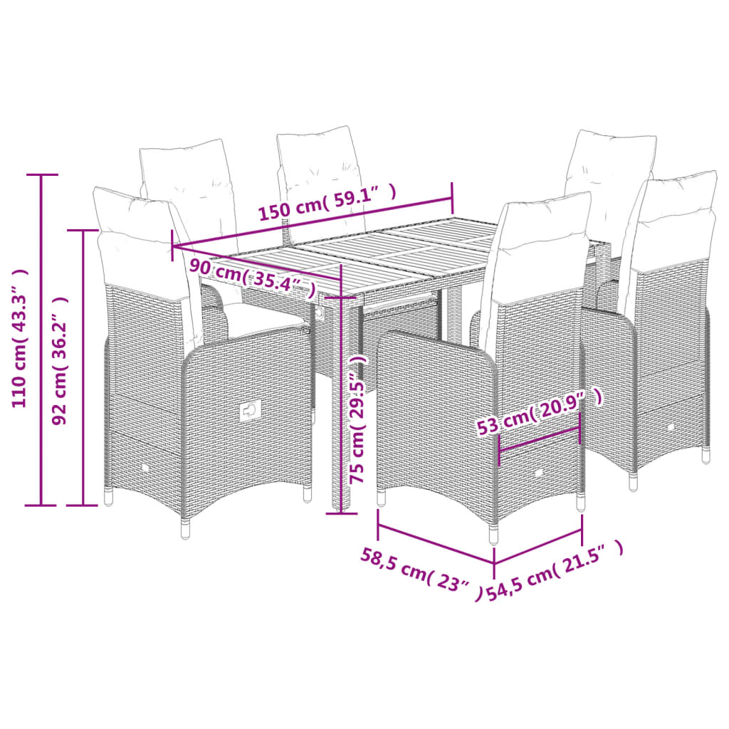 7-tlg. Garten-Bistro-Set mit Kissen Grau Poly Rattan