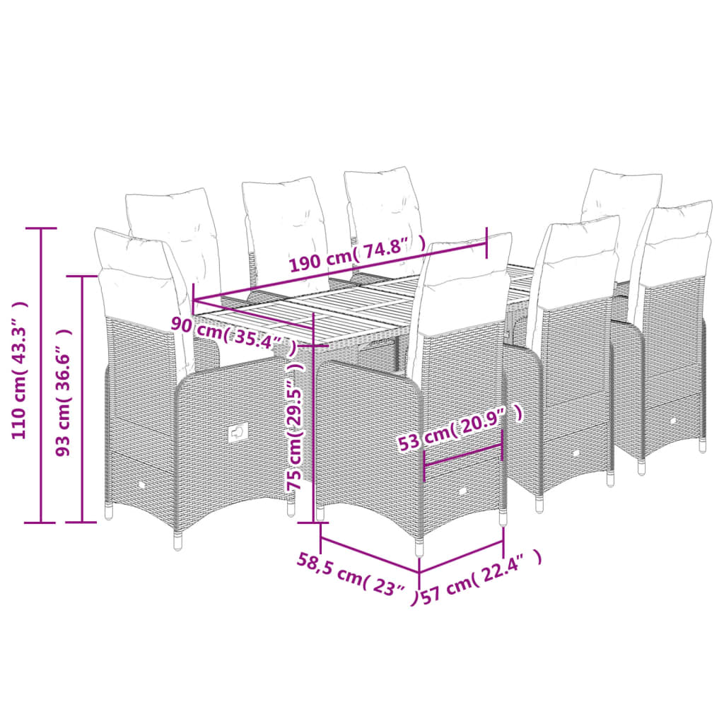 9-tlg. Garten-Bistro-Set mit Kissen Grau Poly Rattan