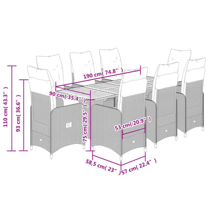 9-tlg. Garten-Bistro-Set mit Kissen Grau Poly Rattan