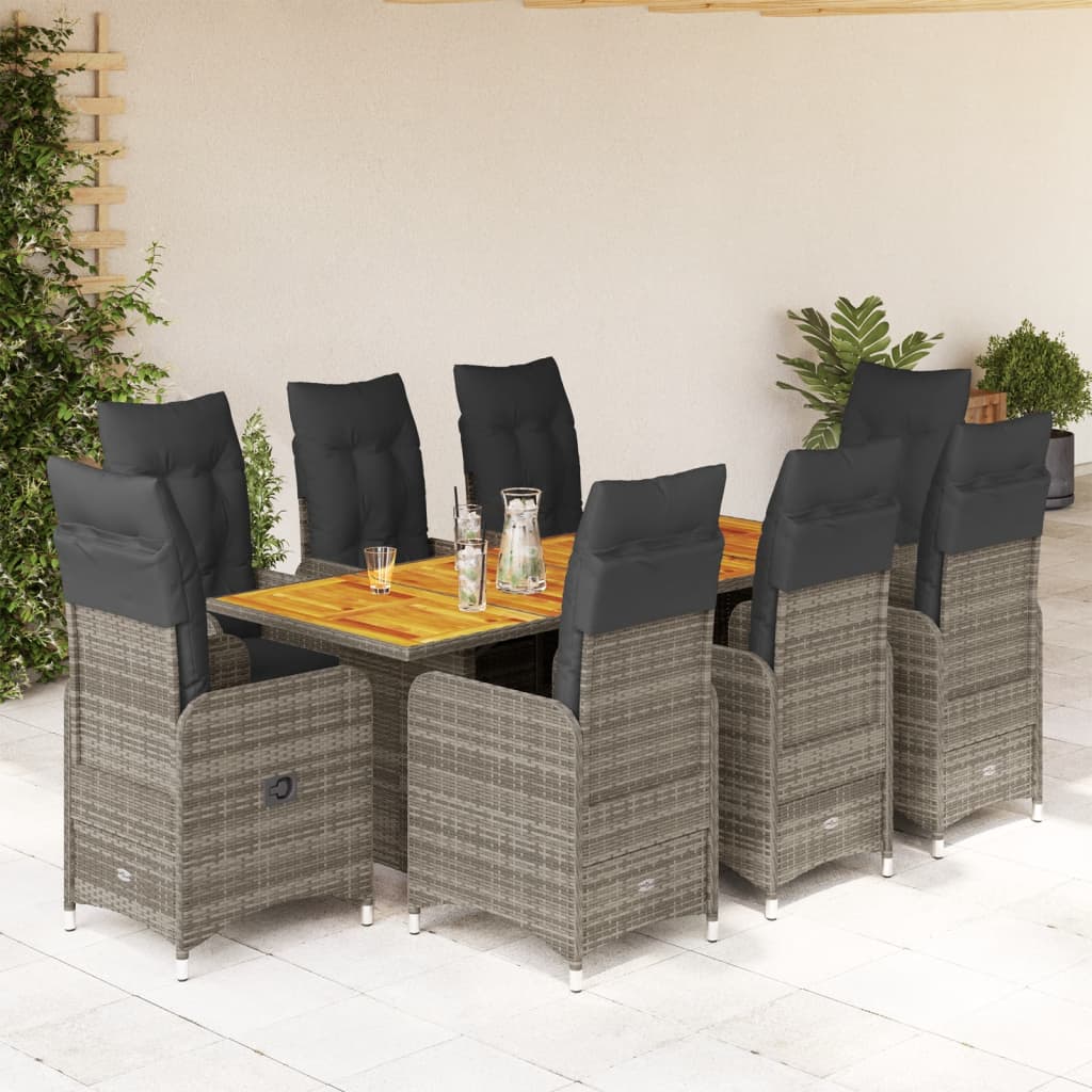 9-tlg. Garten-Bistro-Set mit Kissen Grau Poly Rattan