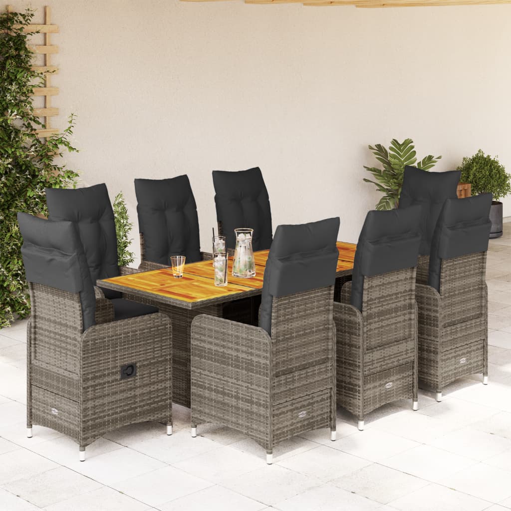 9-tlg. Garten-Bistro-Set mit Kissen Grau Poly Rattan