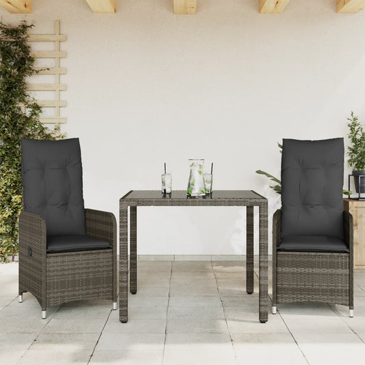 3-tlg. Garten-Bistro-Set mit Kissen Grau Poly Rattan