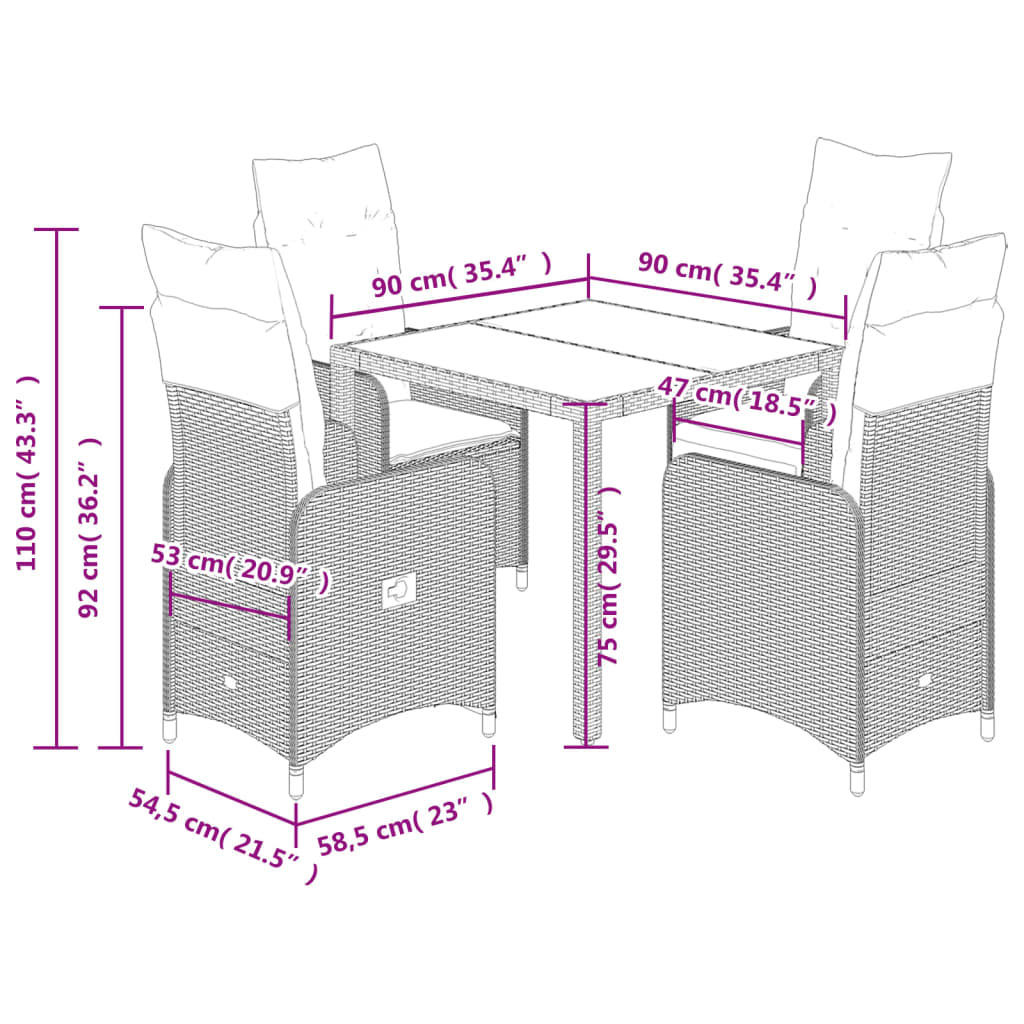 5-tlg. Garten-Bistro-Set mit Kissen Grau Poly Rattan