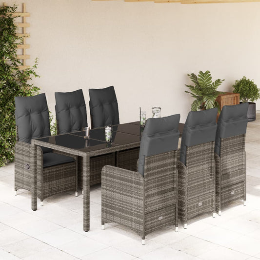 7-tlg. Garten-Bistro-Set mit Kissen Grau Poly Rattan